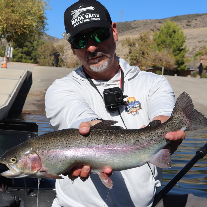 Mike with a beauitful rainbow trout in Pyramid Lake (Los Angeles County) using MADE baits.