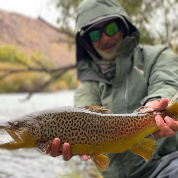 Mike with a huge brown trout in the Sierras using MADE baits.