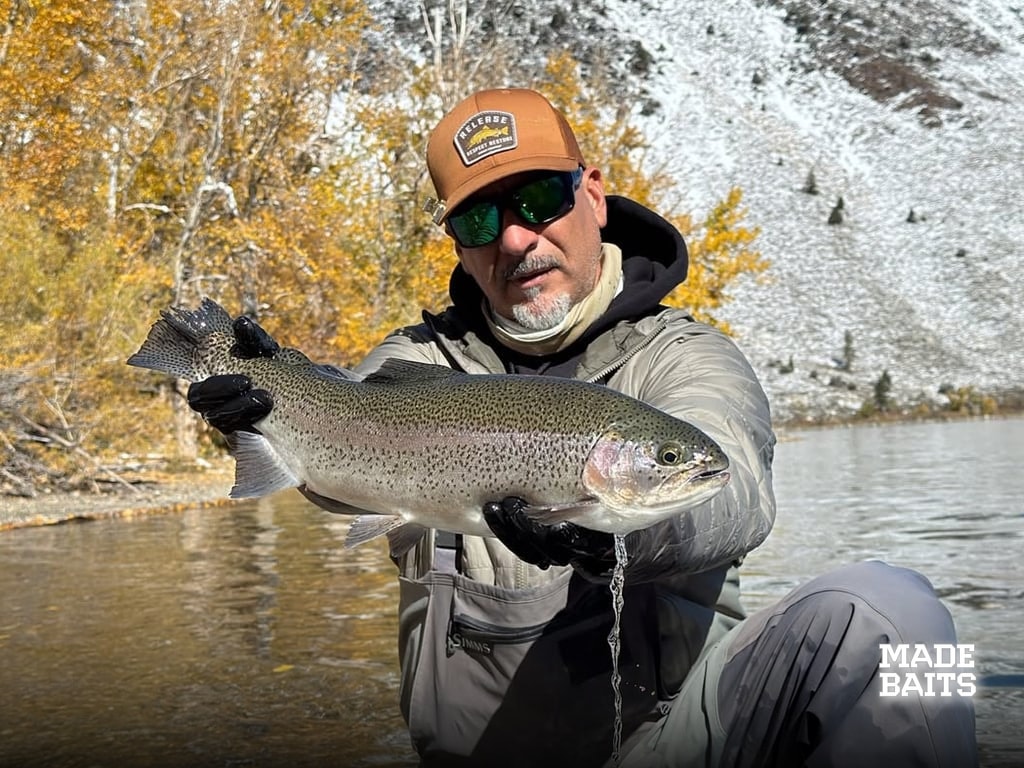 Mike with a nice rainbow out in the Sierra using MADE bait jigs