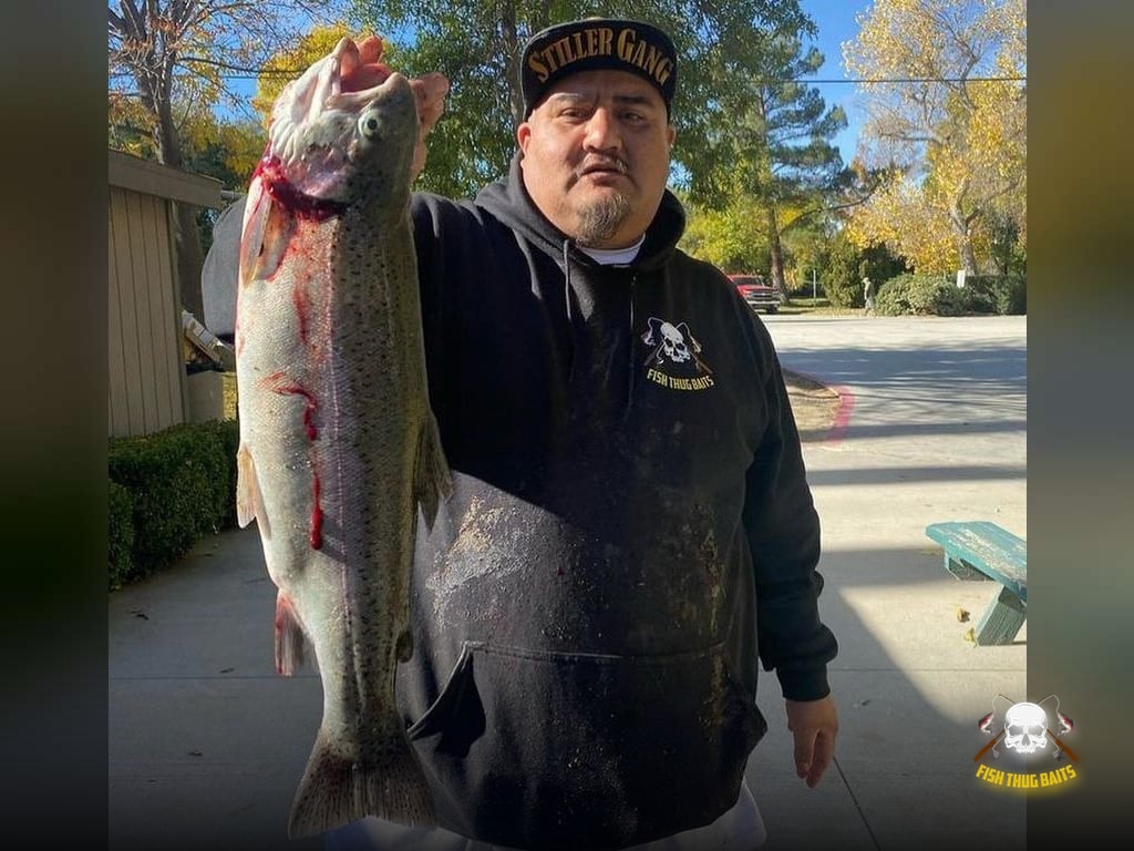 Fish Thugs member eastydans_909 with a nice rainbow out of Jess Ranch Lakes using a Thug Crusher. Came in almost at 6 pounds.